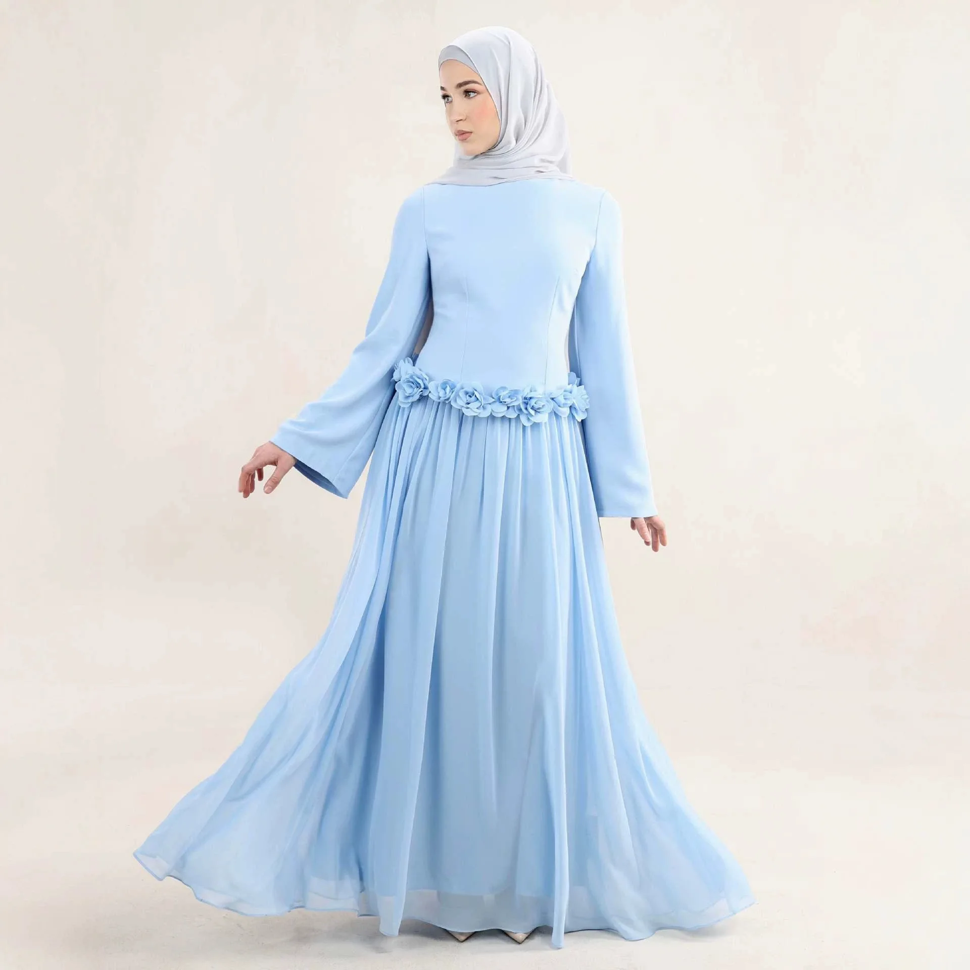 Muslim Abaya Maxi Dress 3D Floral Waist Decoration Long Sleeve Pleated Long Gown For Women Party Formal Musulmane Kebaya Caftan
