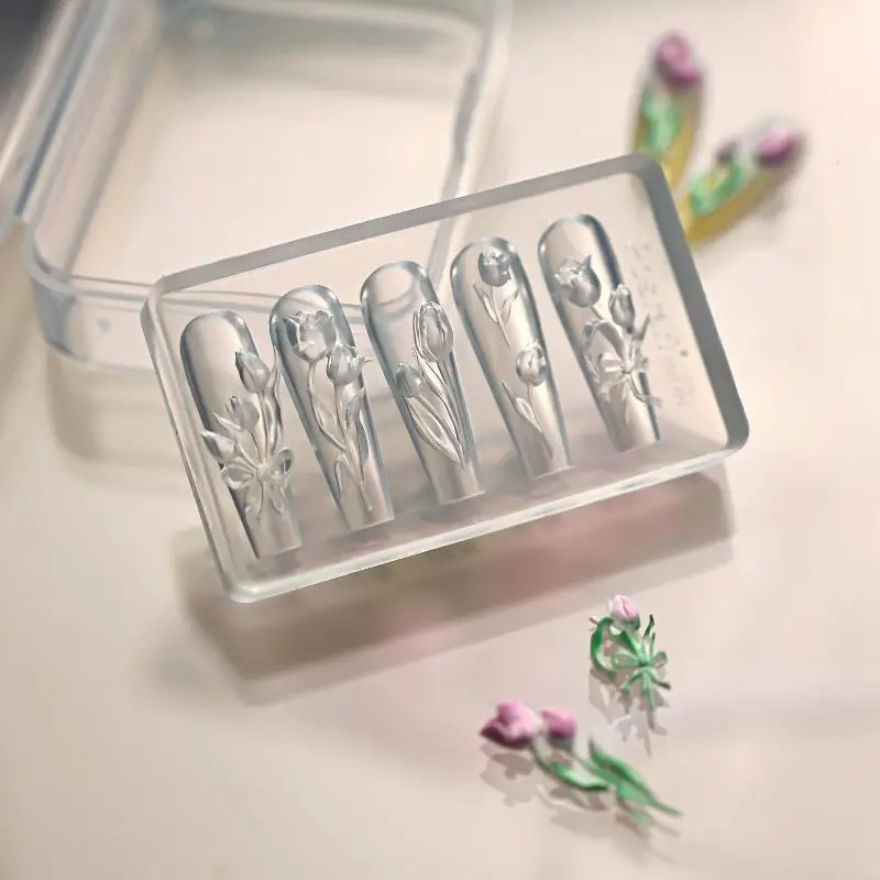 1 Stück hochtransparente 3D-Nagelkunst-Schnitzform mit Box, Schmetterlings-, Tulpen- und Lilienblumen-Vorlage für Nageldekoration – Detail 2