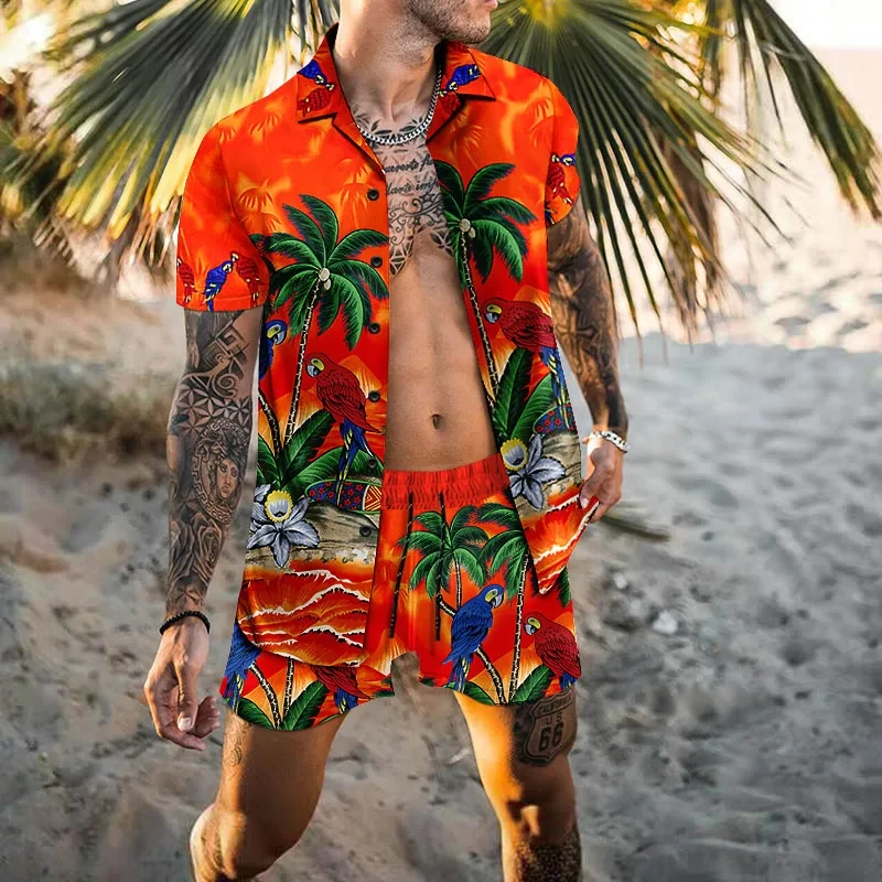 Hawaii Männer Strickjacke 2 Stück Sets Sommer 3D-Druck Kurzarm Knopf Hemden Strand Shorts Urlaub Männer täglich zweiteiligen Anzug