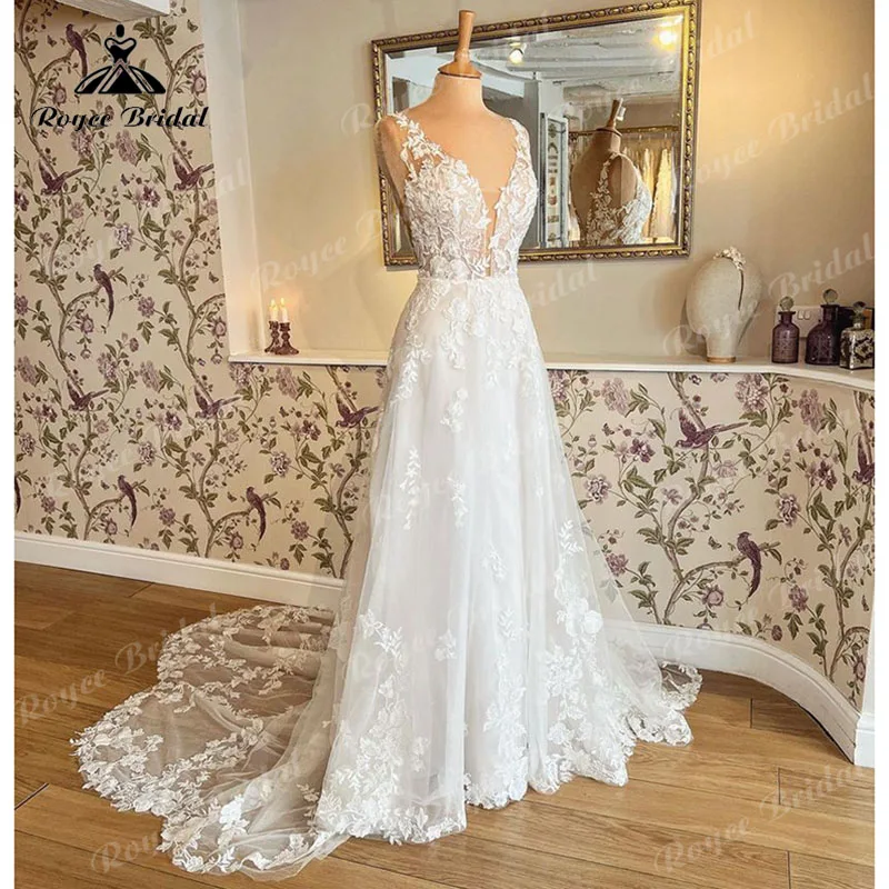 Robe de mariée en dentelle à col en V profond avec appliques florales, robe de mariée A-Line, précieuse, élégante, adaptée aux patients, 2024