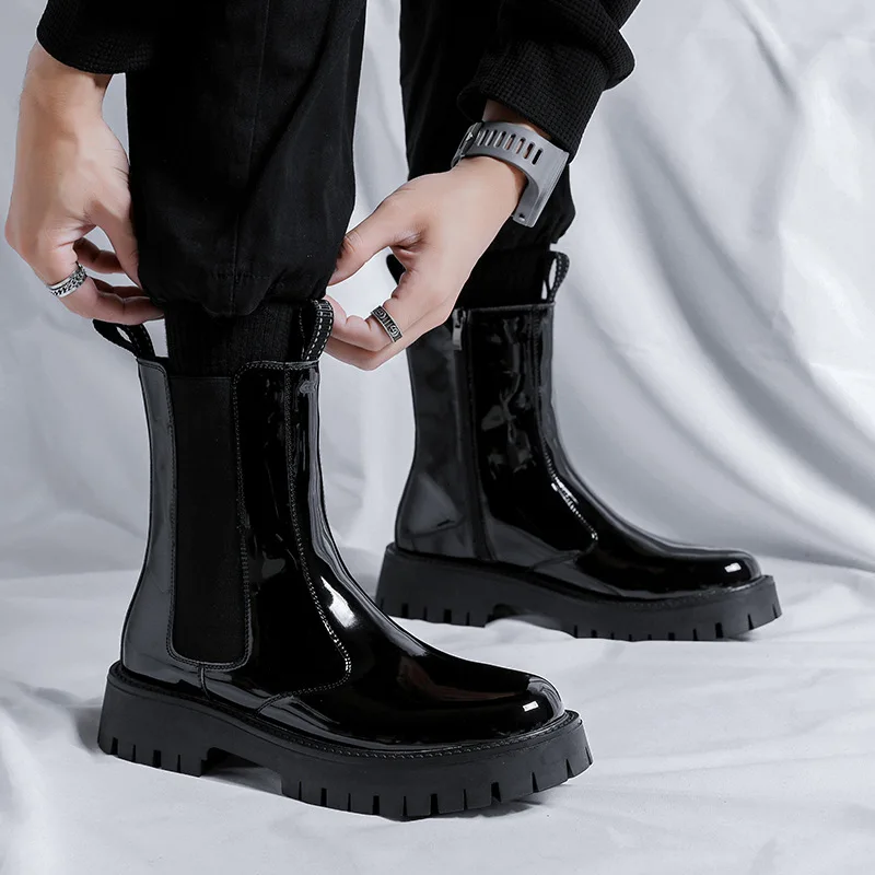 

Мужские модные ботинки челси черного цвета, трендовые, из лакированной кожи, для сцены, ночных клубов, на платформе, мотоциклетные ботинки, высокие, с широким голенищем, обувь