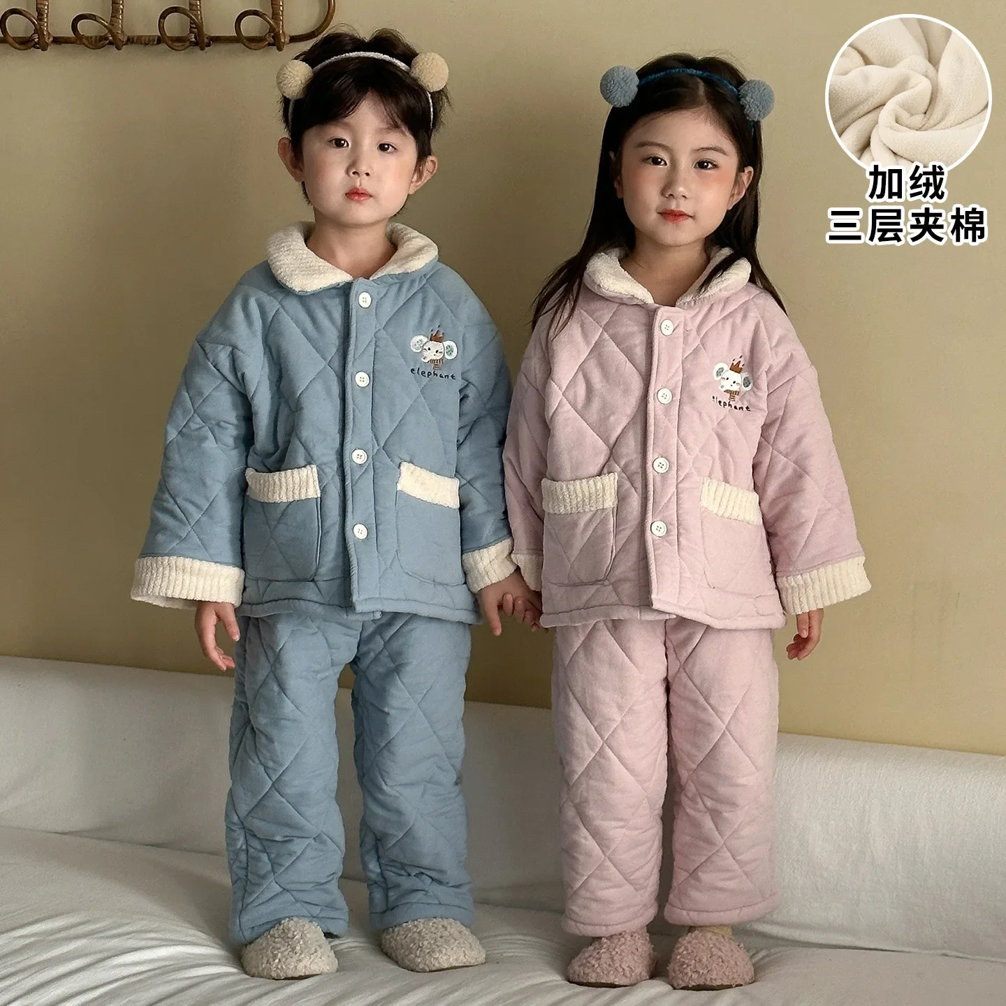 Children's Sets Sleepwear Autumn Winter Warm Plush Lining Kids Jacket Pants for Boys Girls Children's Home Suit Set