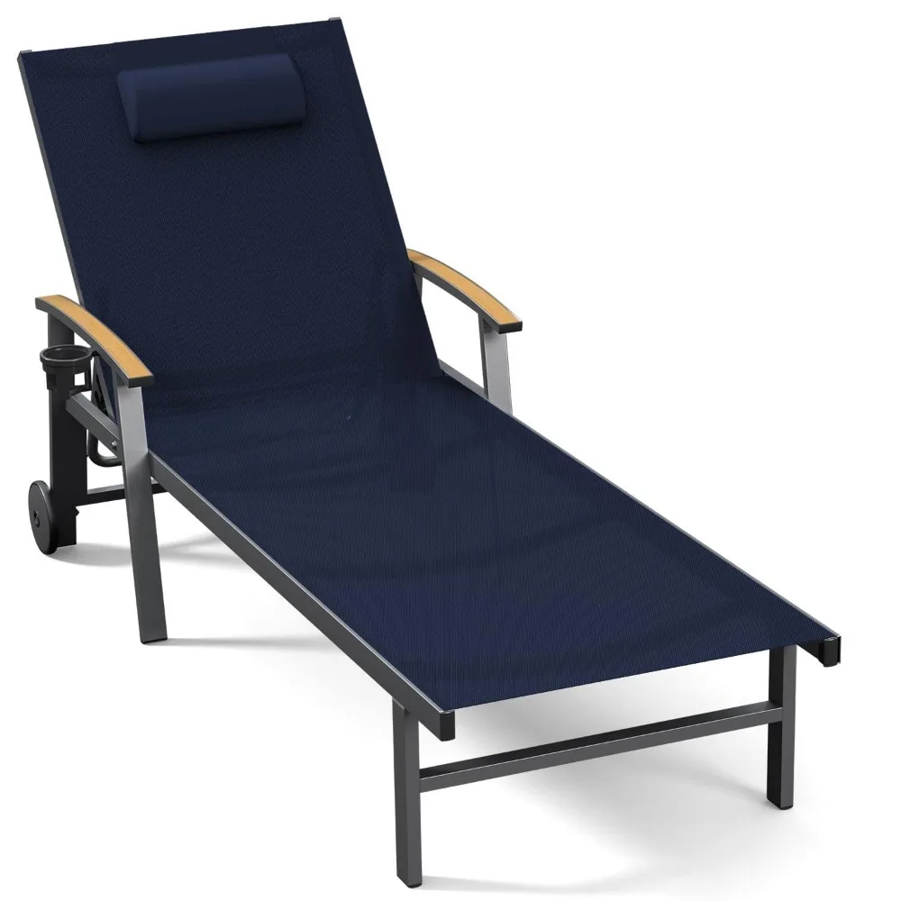 

Outdoor Lounge Chair with Pillow, 5-Position Aluminum Chaise Lounge with Wheels & Armrests, Customized