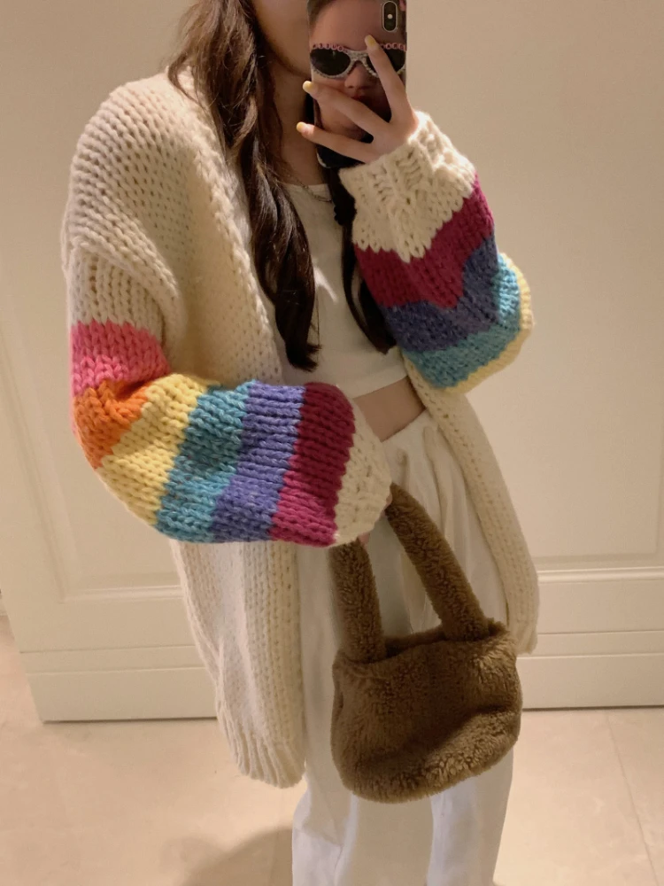 KOSAHIKI Vintage Rainbow Striped Sweaters Female Casual Sweet Y2k Cardigan Korean Fashion Knitted Top 2024 Autumn Kardigany