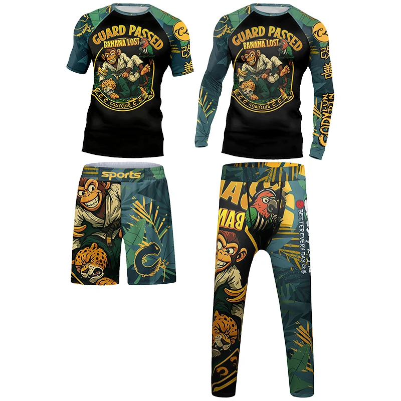 كيك بوكسينغ 4 قطعة بدلة رياضية للأطفال ضغط قميص السراويل مجموعة تي شيرتات قصيرة للأطفال الأطفال MMA Rashguard جيو Jusit Bjj GI ملابس الجري #1