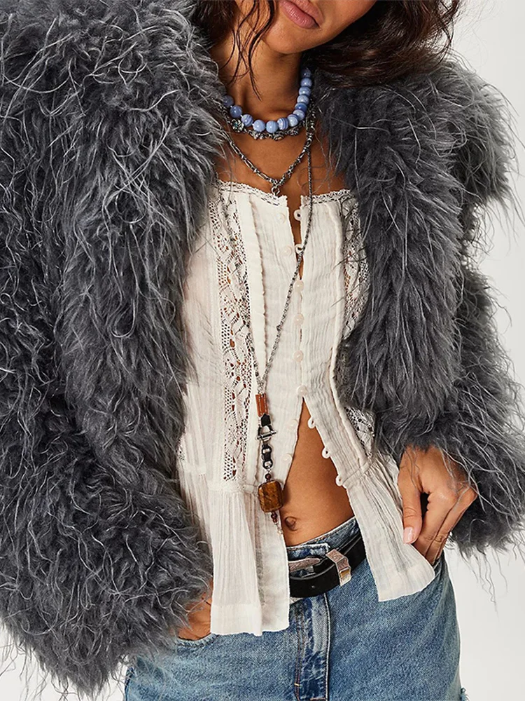 Elegante casaco curto de pele feminino manga cheia engrossar o pescoço ponto aberto casacos de festa feminino 2025 moda outono inverno outwear