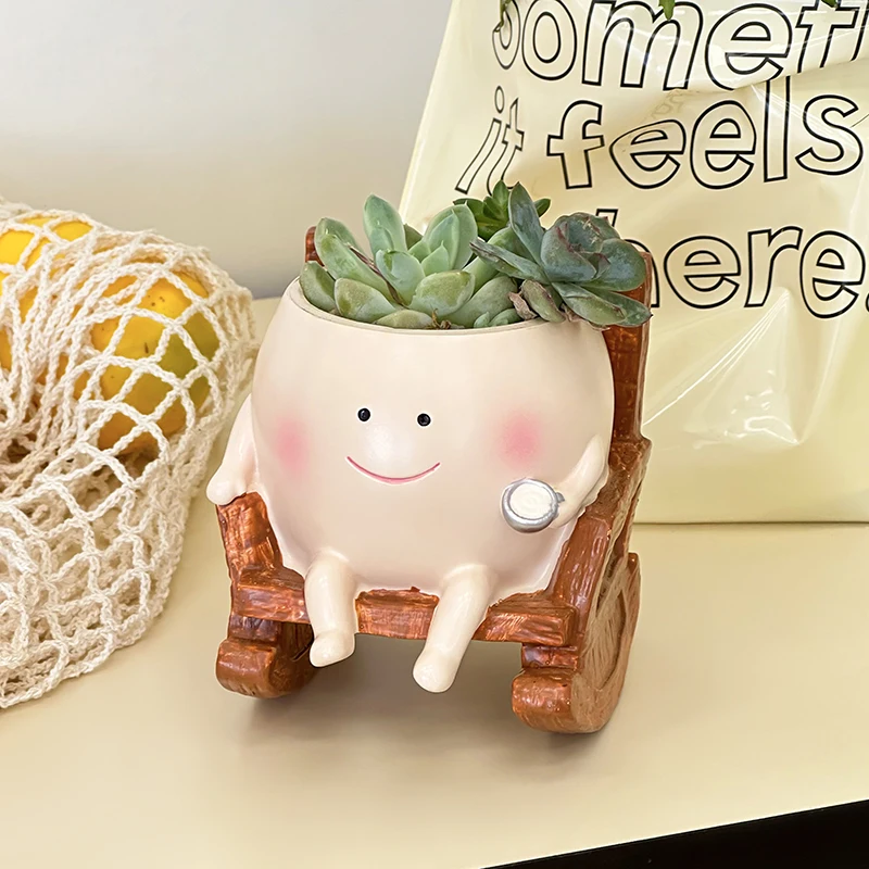 Stylish Cute Cartoon Ghost Resin Succulent Planter Pot Rocking Chair Shaped Flower Pot for Home Office Desk Decor Gift Idea - view 4