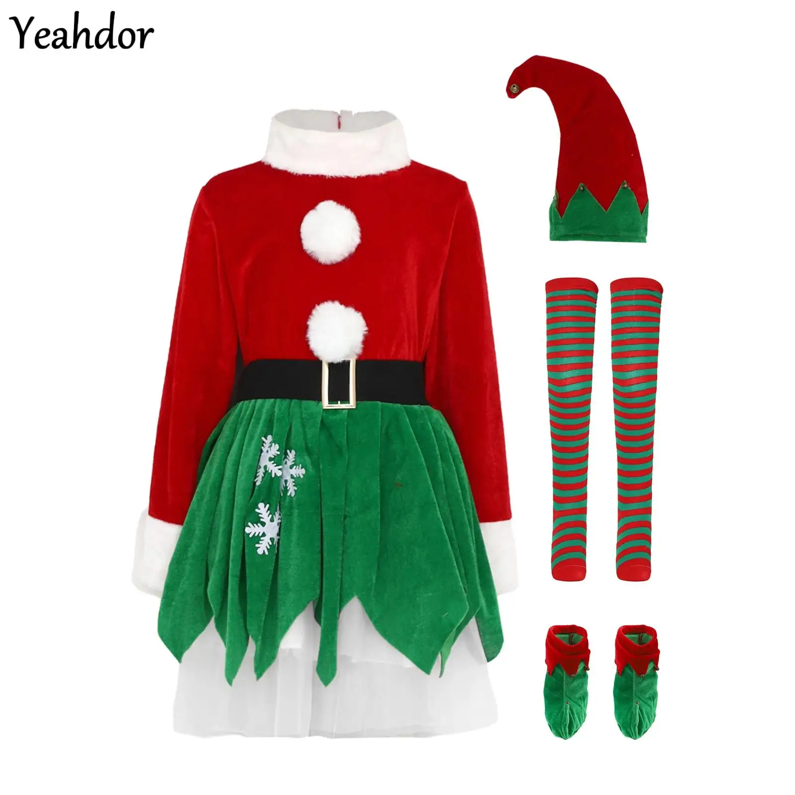 

New Year Elf Costume For Girls Christmas Green Santa Claus Suit Set Xmas Party Tutu Dress +Hat Waistbelt +Socking +Shoes Covers