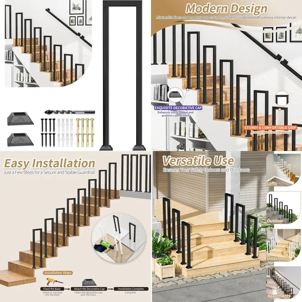 درابزين سلالم خارجي معدني أسود مع منحنيات زخرفية للخطوات الداخلية والخارجية والشرفة والسلامة على سطح السفينة والأناقة #1