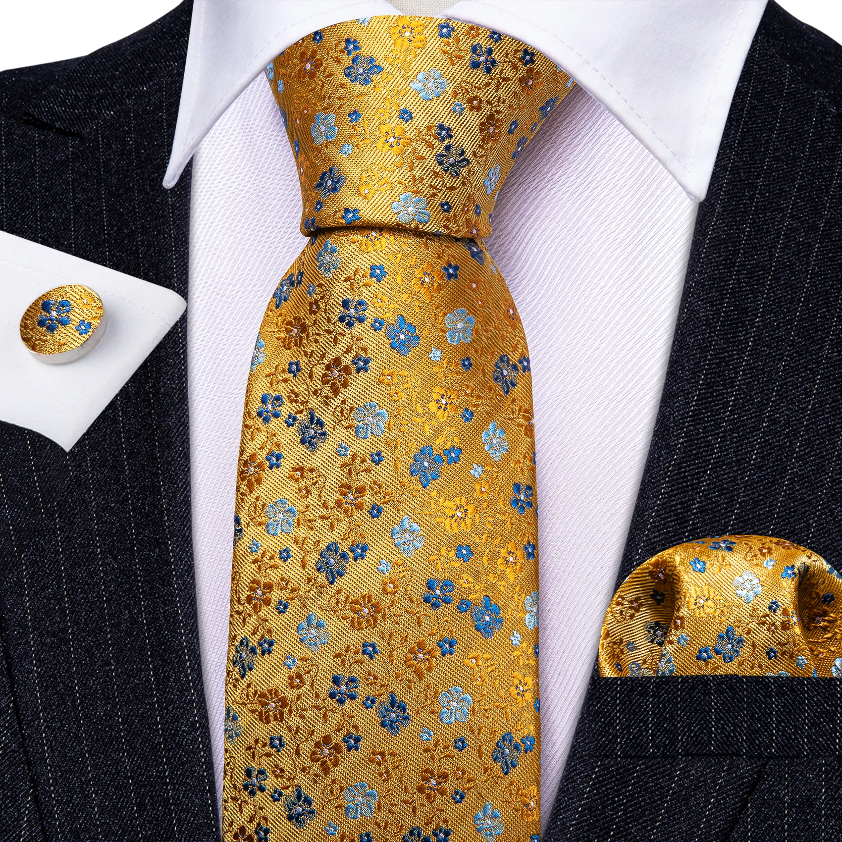 Fashion Silk Men Tie Yellow Gold Blue Floral Necktie Pocket Square Cufflinks Set Barry. Wang Tie Pin Brooches Designer FA-5916