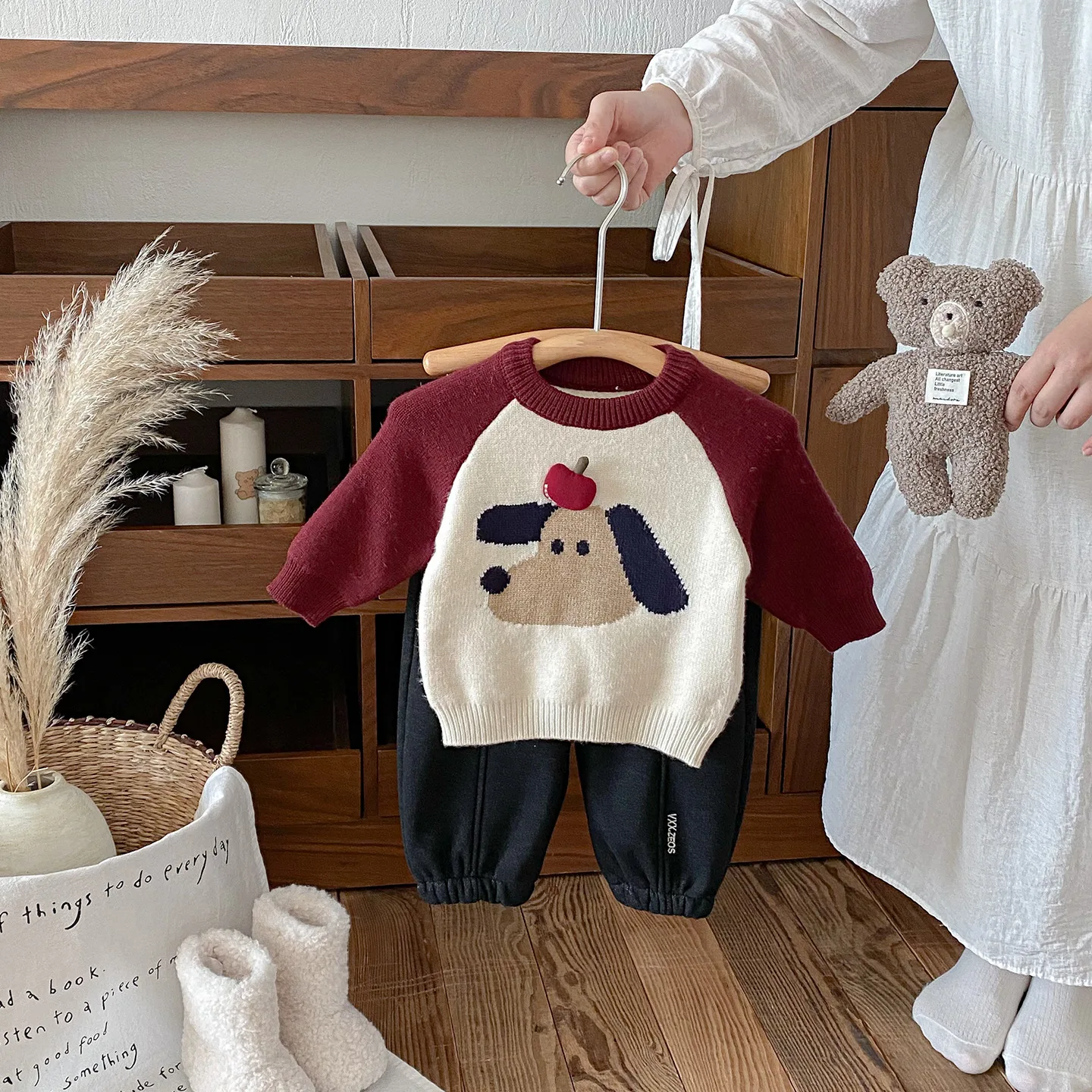 

2025 Winter Toddler Kids Girls Clothes Set Contrast Color Dog Embroidery Infant Baby Girls Sweater Mid Waist Children Girls Pant