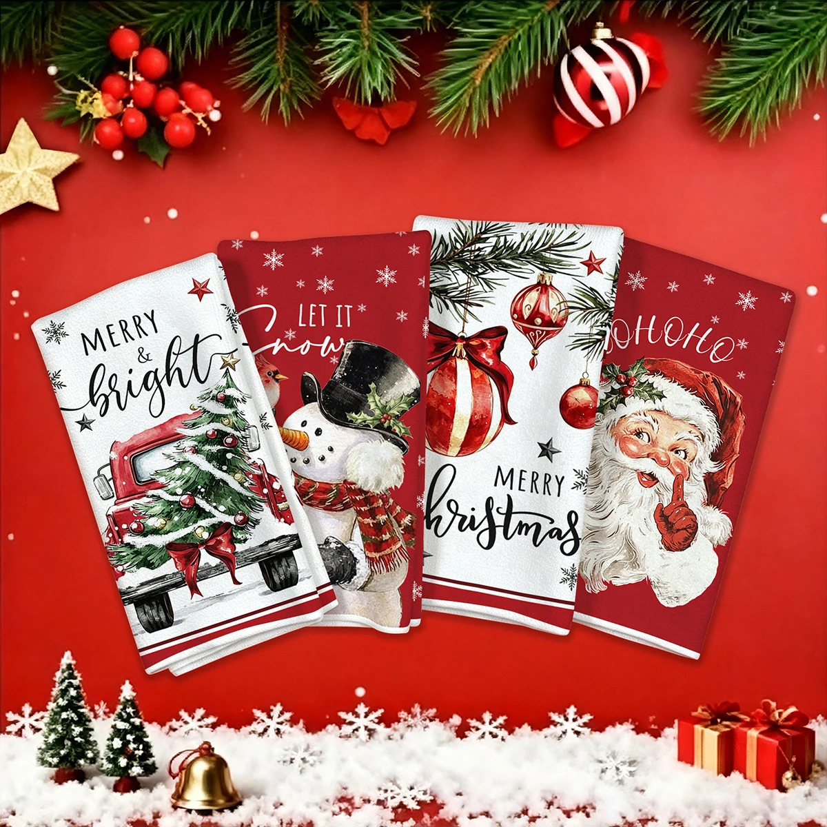 2/4pcs Christmas Kitchen Towels, Santa Christmas Tree Print Multi-purpose Dish Cloths, Absorbent Tea Towels, Xmas Kitchen Decor