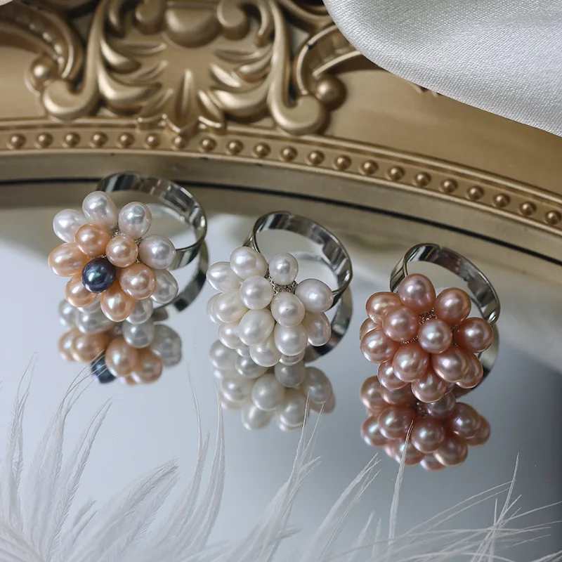 Elegant Natural Freshwater Pearl Flower Rings for Women Bridal 5-6mm Small Rice Baroque Pearl Ring Bands Wedding Luxury Jewelry