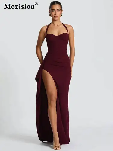Imagen 2 del producto Mozision Halter espalda descubierta Sexy Maxi vestido mujer moda con cordones sin mangas cintura alta muslo alto Split ceñido al cuerpo vestido de noche para discoteca