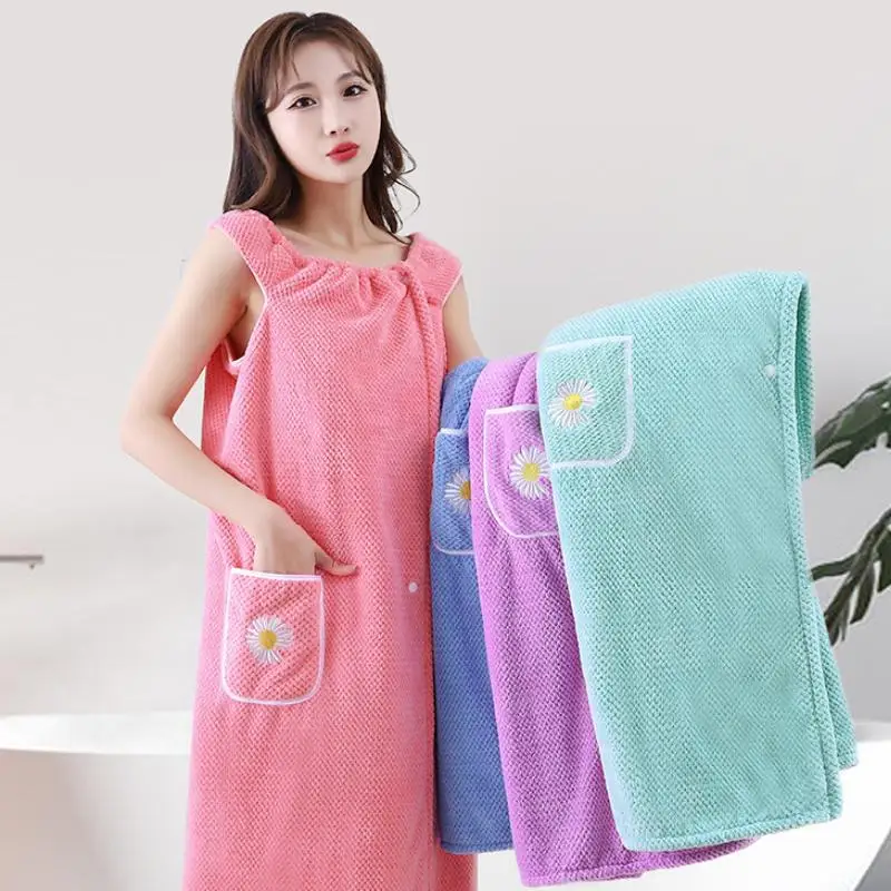 [1Pcs Wearable Bath Towel Dress Soft Coral Fleece Quick Dry Wrap Towel With Pocket For Shower Spa Home Bathroom]