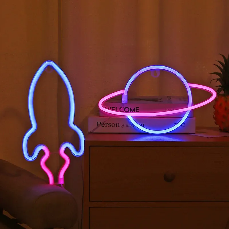 Planet LED Lights Neon Light Sign Bedroom Decor Rocket Alien Neon Night Lamp for Rooms Wall Art Bar Party USB or Battery Powered