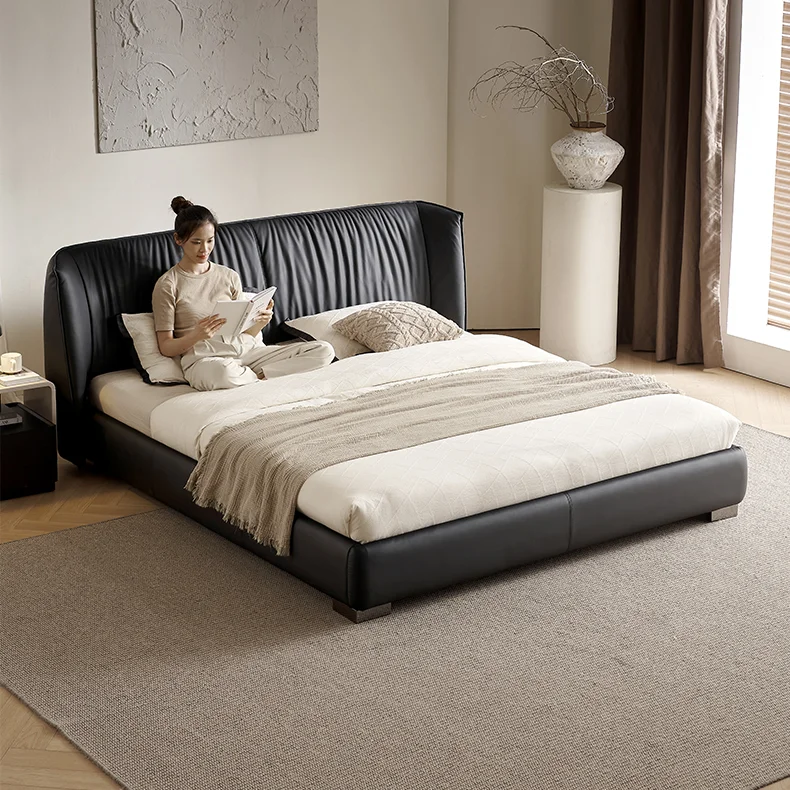 

Italian Model Modern Design High-End Atmosphere Double King Size Bed Soft Bag Leather Small Apartment Bedroom Wooden Frame
