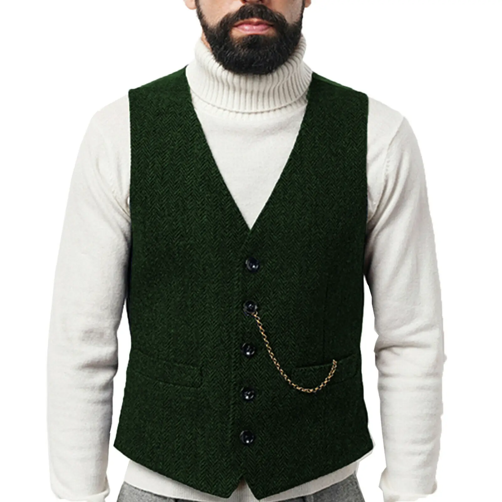 Chaleco de lana de espiga para hombre, traje de Tweed con cuello en V profundo, ajustado, para padrino de boda