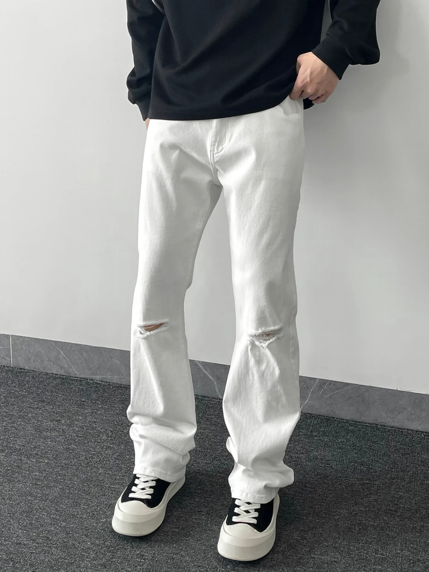 

Белые рваные джинсы скинни для мужчин, летние, тонкие, в американском стиле, прямые брюки, износостойкие, с эффектом похудения