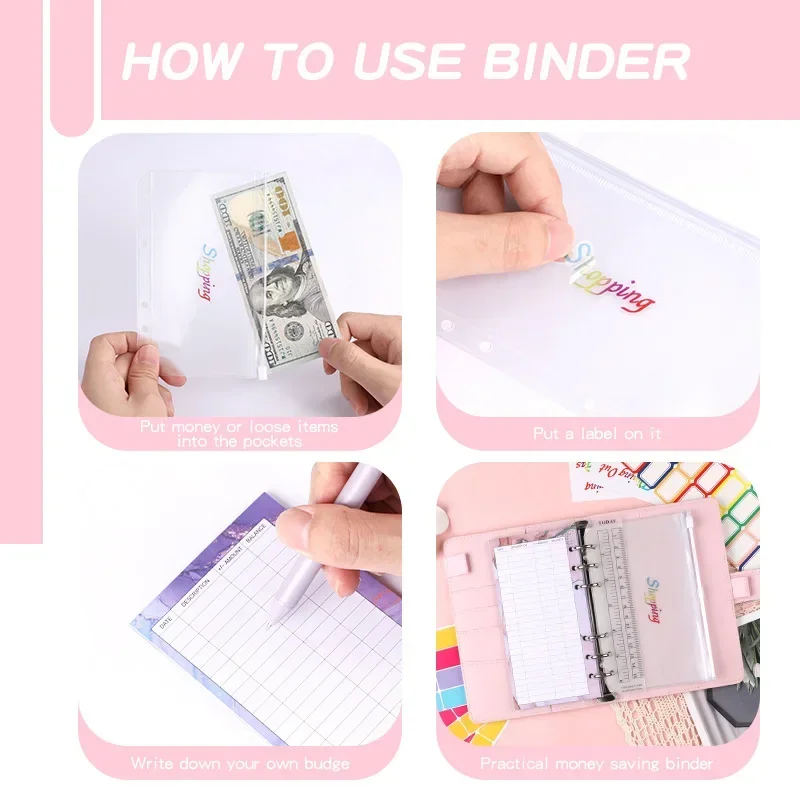 A6 PU Leather Flower Budget Planner 2024 Cash Envelope Savings Bill Diary Agenda Planner Loose-leaf Notebook Binder Paper Cover