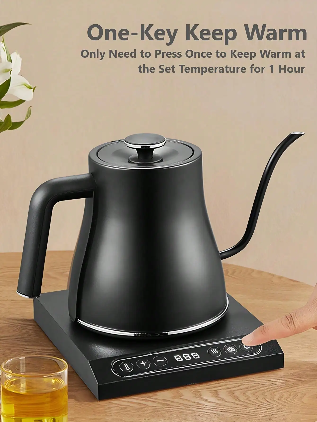 Edoolfffe Gooseneck Kettle Hand Brew Coffee Kettle 1200W Power 800ml 304 Stainless Steel Material Automatic Warming