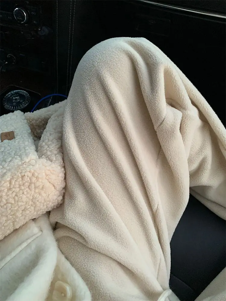 

Deeptown White Elegant Wide Leg Women Lamb Wool Pants Jogging Korean Fashion Straight Fleece Trousers Baggy Casual Basic Winter