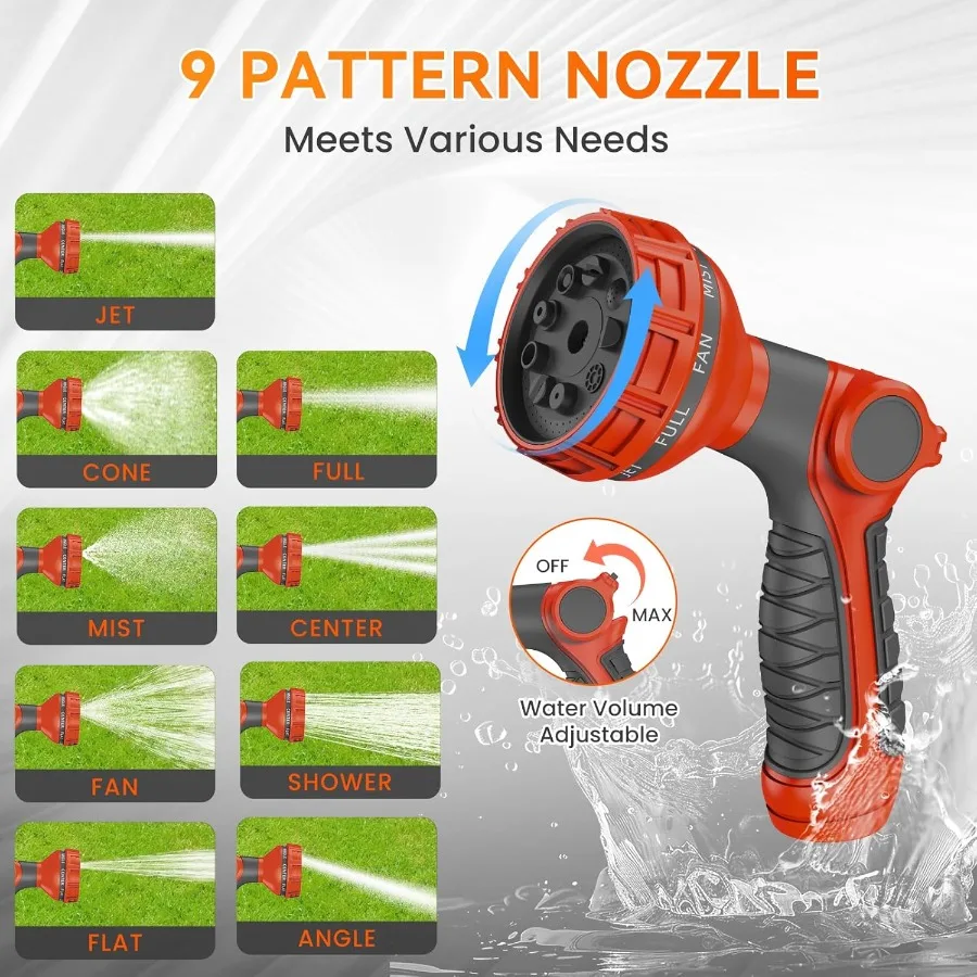 格納式ガーデンホースリール 1/2インチ x 130フィート 壁掛け式ヘビーデューティーホースリール 3/4インチ真鍮製継手付き 9パターンノズル付き