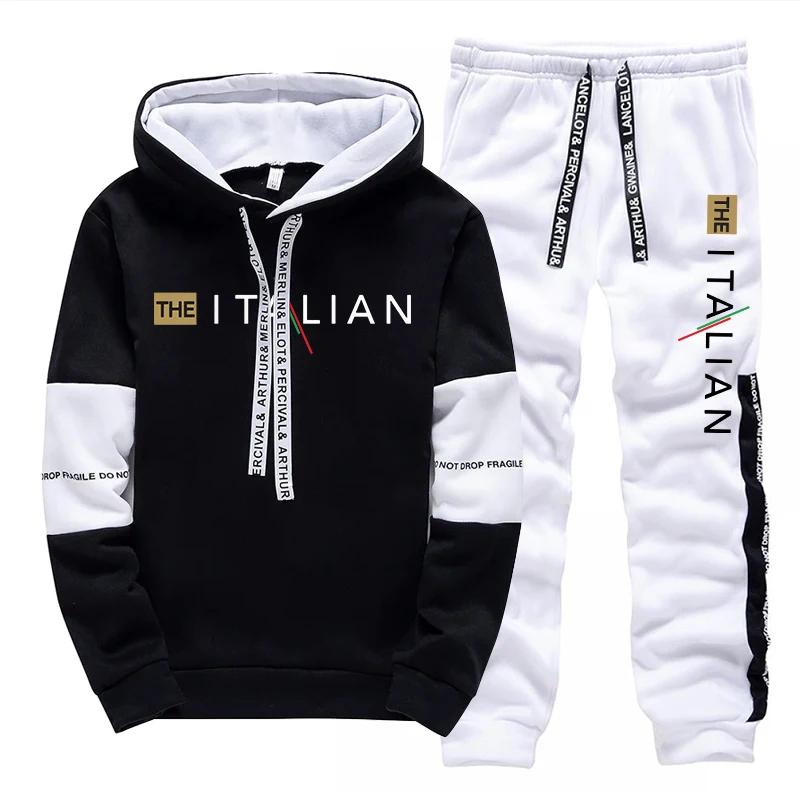 Mens Tracksuit Printing Casual Hooded Sweatshirts 2 Piece Set Black White Jogging Clothing Fashion Streetwear Versatile Hoodies