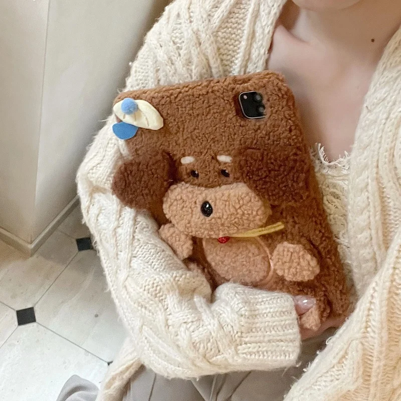 Cute Plush Teddy Dog Case For iPad A16 2025 mini6 7 8.3in iPad 7 8 9th 10.2in 10th 10.9in 10.5 Pro 11 Air 11 12.9 13 Tablet Case