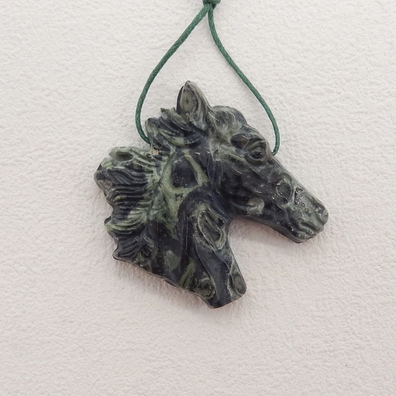 Natural Stone Ocean Kambaba Carved Horse Head Pendant Bead,Semiprecious Fashion Jewelry, Necklace Accessories,46x49x8mm,23g