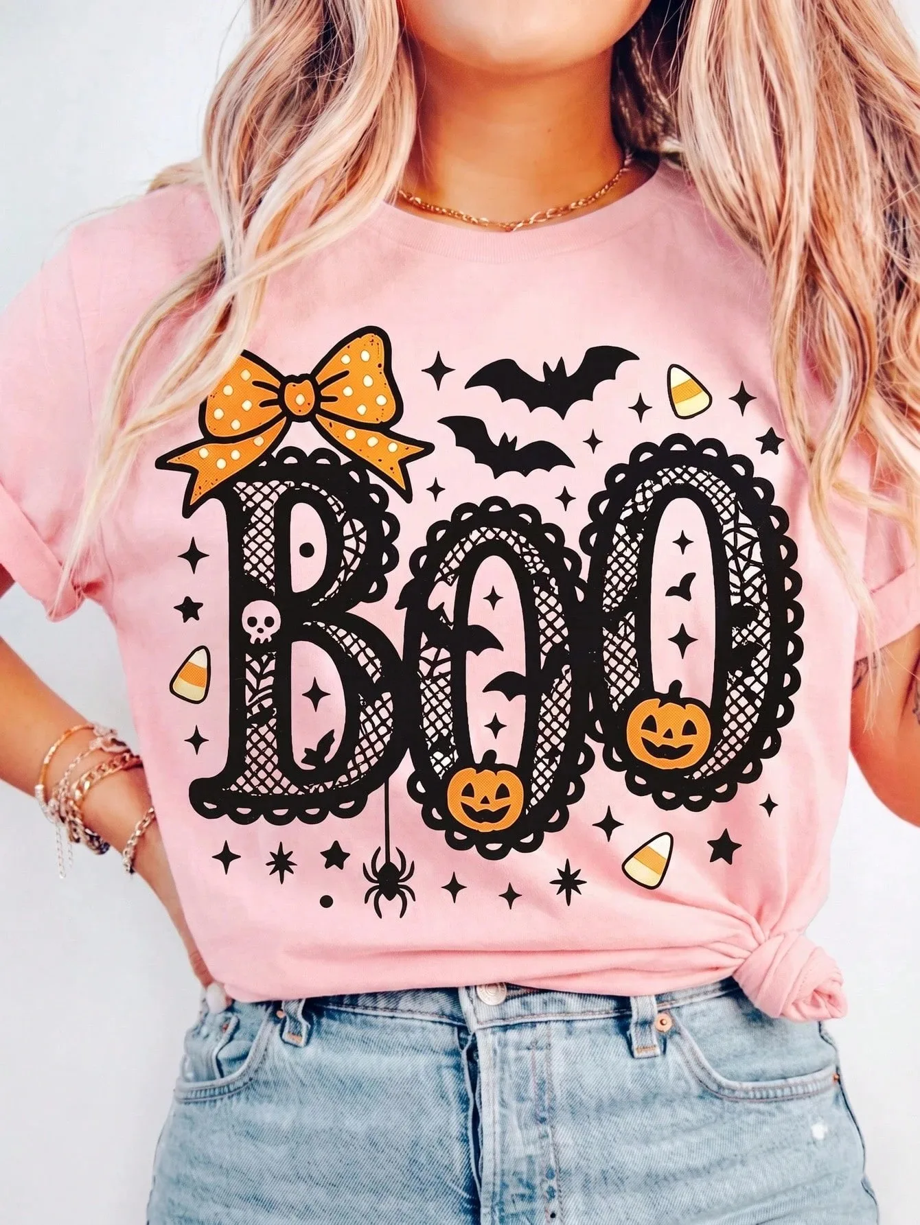 Halloween Boo Letter Bow Bat Graphic Print Women's Crew Neck Short Sleeve T-shirt Loose  Cute Halloween Casual Tops