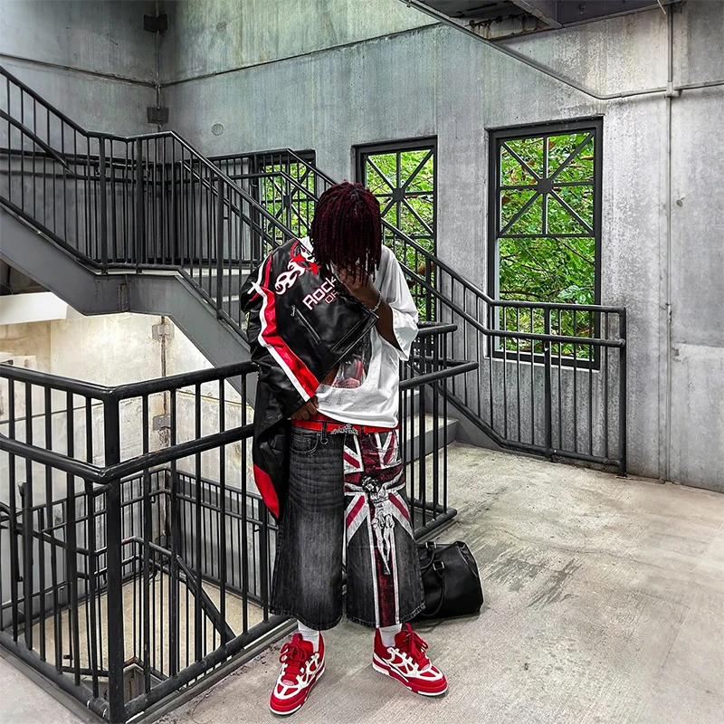 Y2K Jeans lavati vintage Moda bandiera britannica modello stampa pantaloncini di jeans larghi casual gotico uomo donna punk rock streetwear