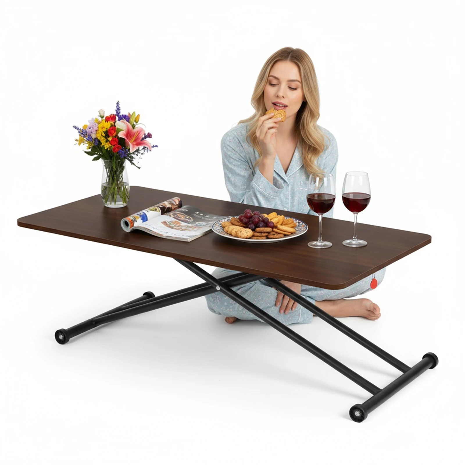 Mesa de centro dobrável com rolos Mesa de centro baixa Mesa de chão portátil de madeira para espaços pequenos