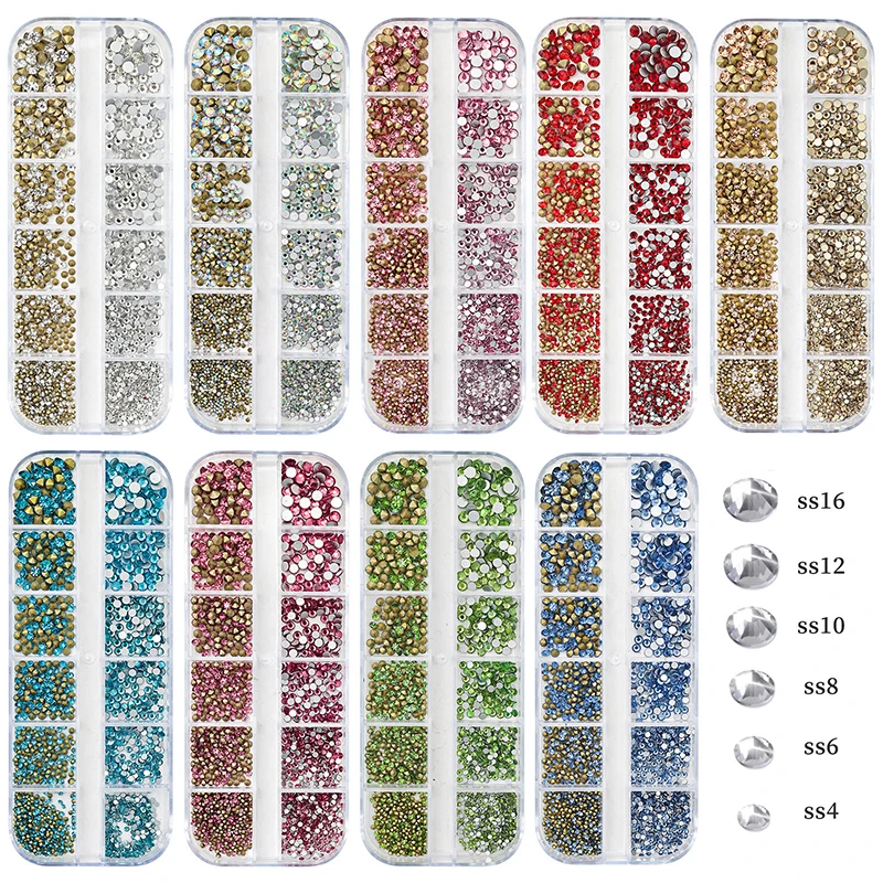 12 dimensioni della miscela di griglia cristallo di vetro Non Hot Fix strass Flatback Crystal 3D Glitter Nail Art strass decorazioni
