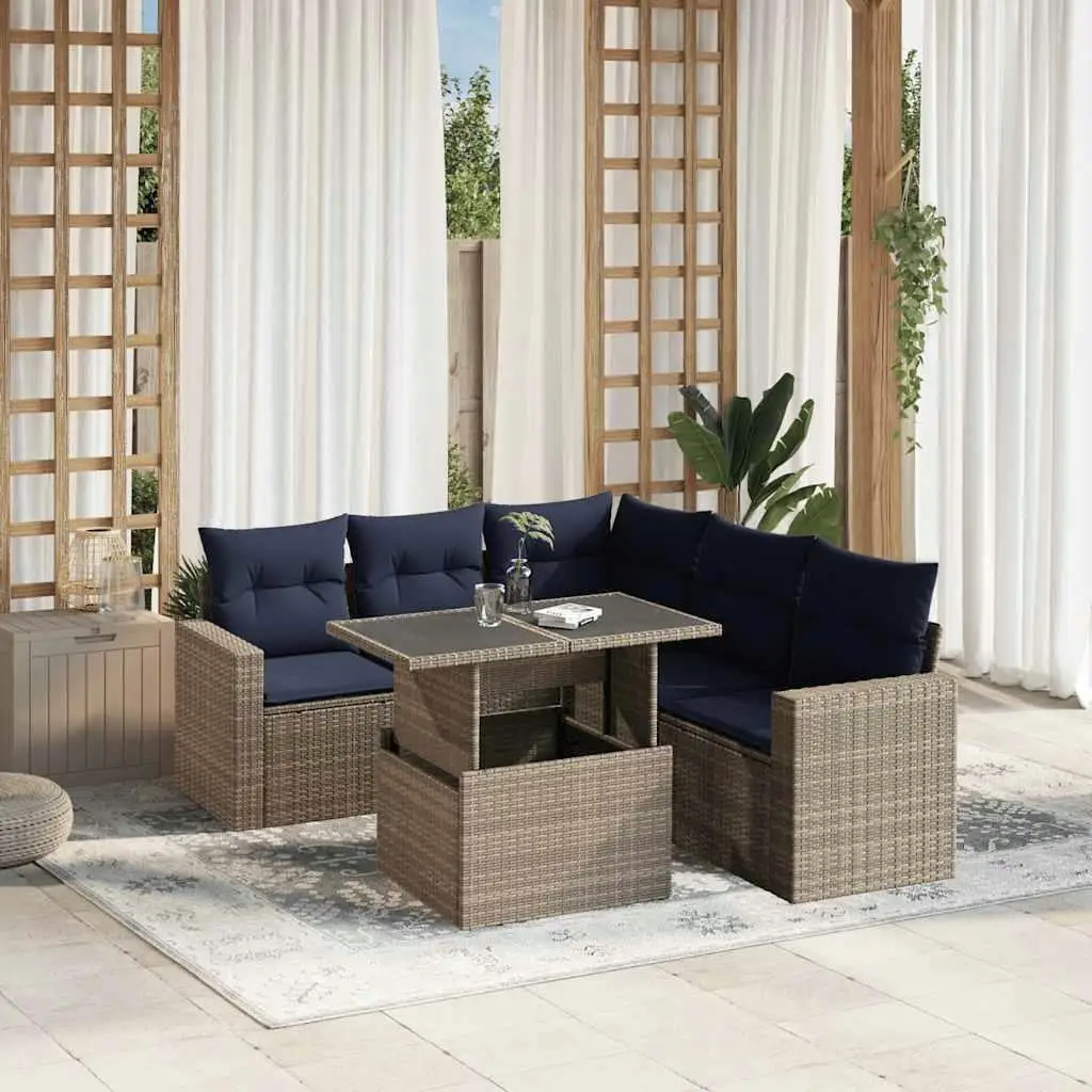 

Gray Poly Rattan 6 Piece Outdoor Patio Sofa Set with Comfortable Cushions for Garden and Balcony