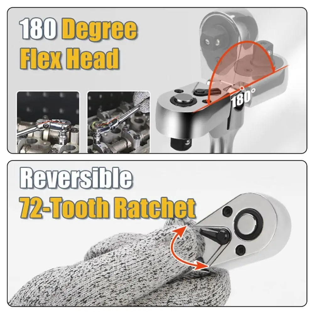 72 Tooth Flex Head Ratchet Set 180° Rubber Grip Swivel Head Ratchet Wrench Flex Head Design Adjustable Adjustable Ratchet Wrench