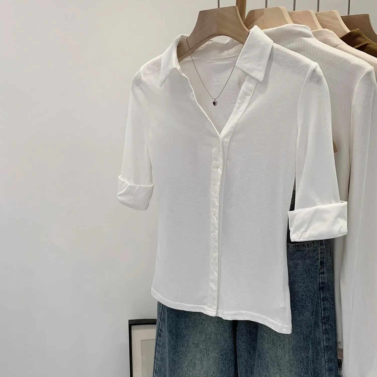 

White Shirt Women's Lightweight Summer New Style Sun Protection Middle Sleeve Luxury Sensation Top Breathable Casual Fit