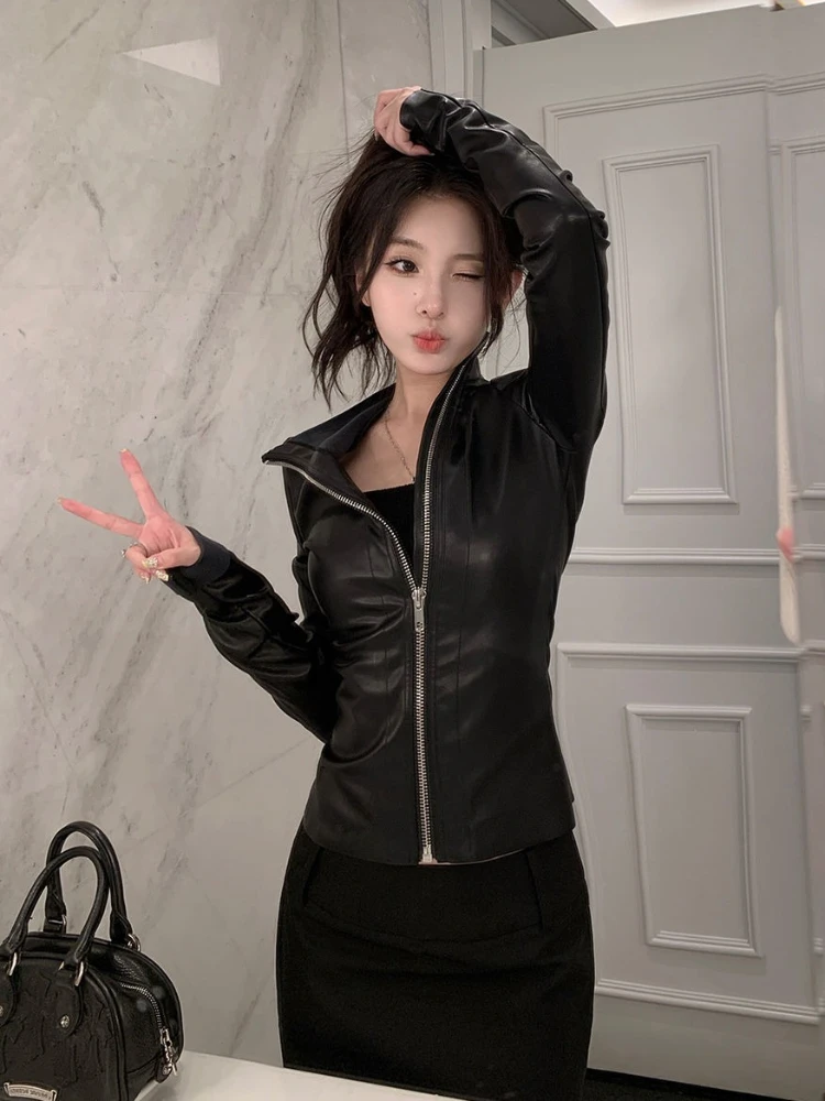 Chaqueta de cuero negra ajustada de manga larga para mujer, abrigo gótico oscuro con cremallera, abrigo ajustado fino para mujer, ropa Vintage Hepburn Y2k para chica caliente