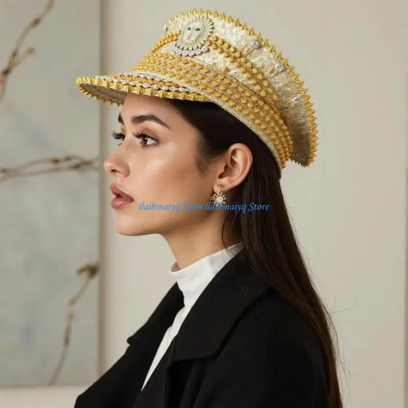 573B قبعات فاخرة مزينة بالترتر على شكل أسد ذهبي مع أحجار الراين وبرشام مرصعة لعشاق الحفلات العصرية ومهرجان الموسيقى #4
