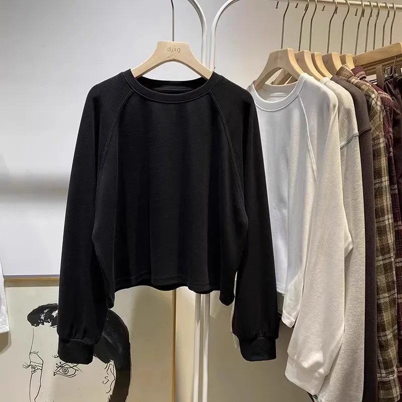 

American Style Space Cotton Solid Color Raglan Long Sleeve T-Shirt For Women Spring Korean Version Plus Size Loose Base Shirt
