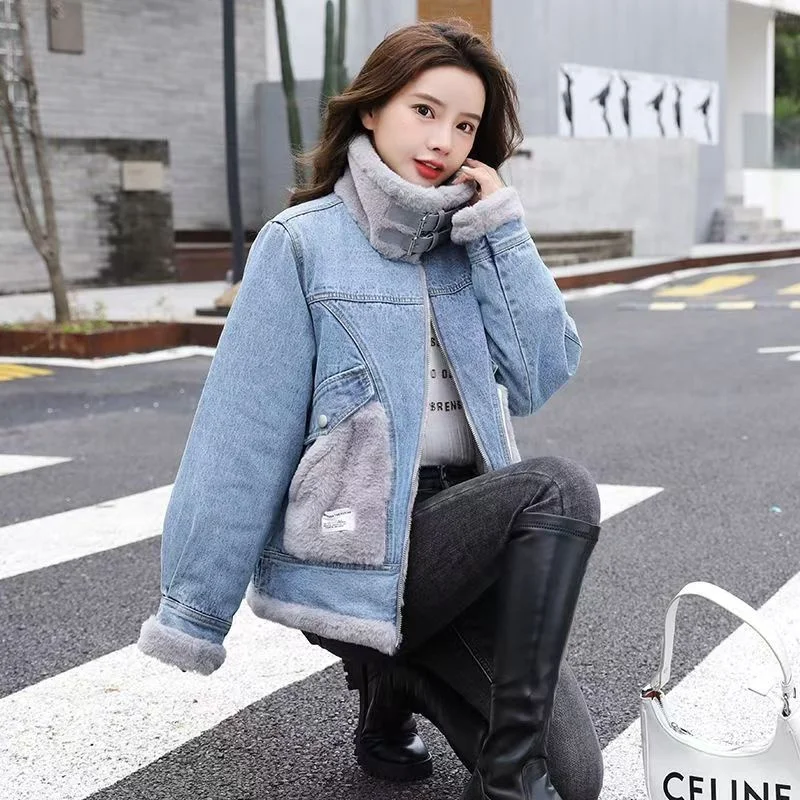 2024 Winter New Lambswool Plus Velvet Padded Denim Coat Female Joker Korean Version Of Online Celebrity Little Cotton-padded Top