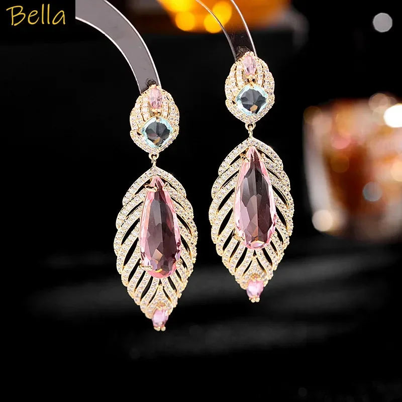 أقراط ريشة ذهبية اللون لون ذهبي الزركون النحاس الوردي قوس قزح قطرة قلادة أقراط النساء عشاء مجوهرات الحفلات هدية #3