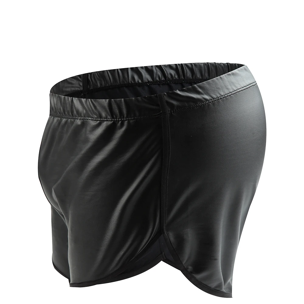 Men\'s Sexy Soft Leather Short Pants For Sex Latex Pocket Underwear Sexy Bottom Male Patent Leather Fetish Hot Pants Sexi