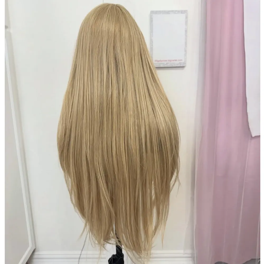 Ombre Blonde Full Lace Perücke aus Echthaar, transparente Spitze, natürlicher Haaransatz, lange, glatte, glatte, klebefreie, vorgezupfte 5*5 HD Lace Perücke – Detail 5