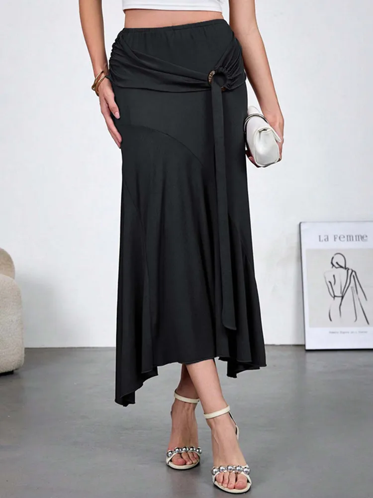 SKMY 2026 Spring New Fashion Irregular Skirts Wooden Decorative High Waist Slimming Bag Hip Strap Women Clothing Long Skirts
