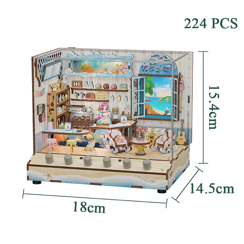 3D Wooden Puzzle Beachside Coffee Casa Assembled Miniature Model Kits With Sound Puzzles Friends Birthday Gifts Home Decoration