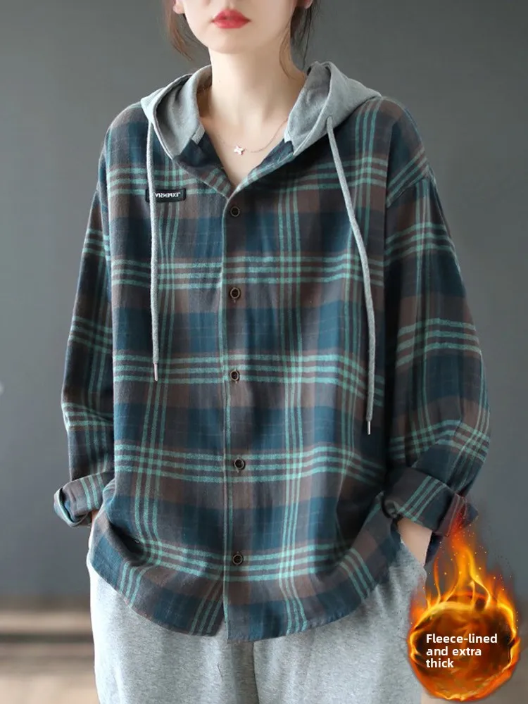 

Корейская женская клетчатая куртка свободного кроя с длинными рукавами, на флисовой подкладке, с капюшоном, на пуговицах, стандартный крой, зимняя верхняя одежда