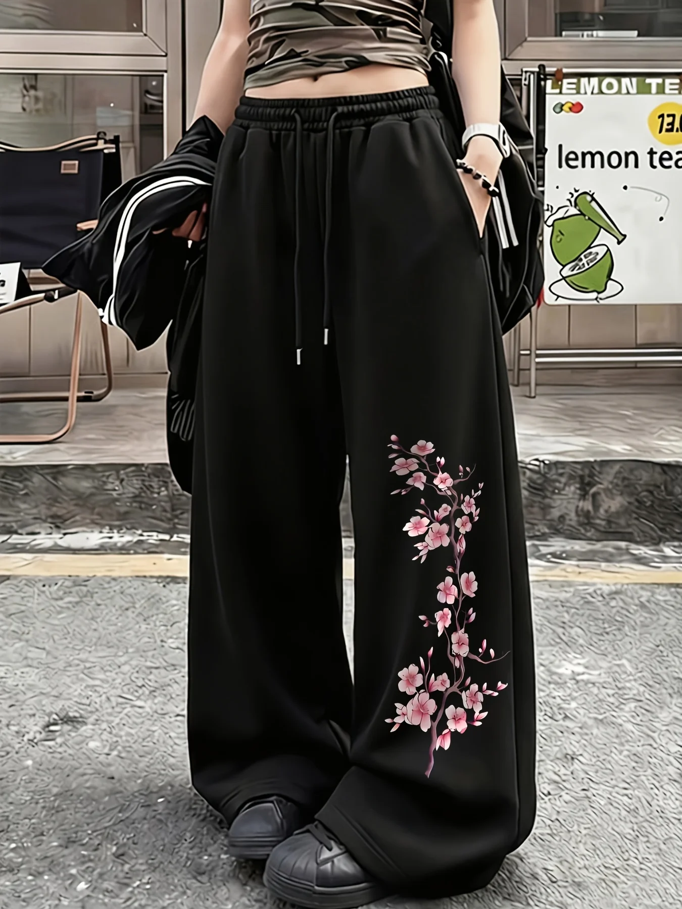 New Chinese Style Cherry Blossom Pattern Printed Pants for Men and Women, Casual Sports Straight Leg Pants