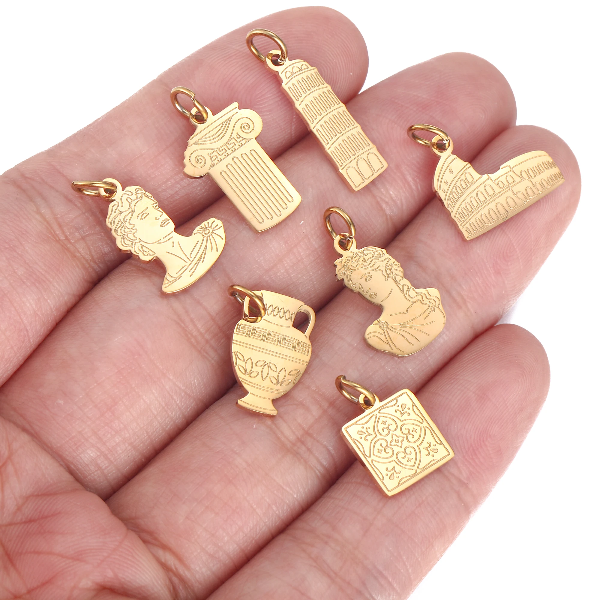 5Pcs Greek Building/Statue/Rome Pillar Charm Stainless Steel Camera/Surfboard/Passport Travel Pendant DIY Necklace Jewelry Charm