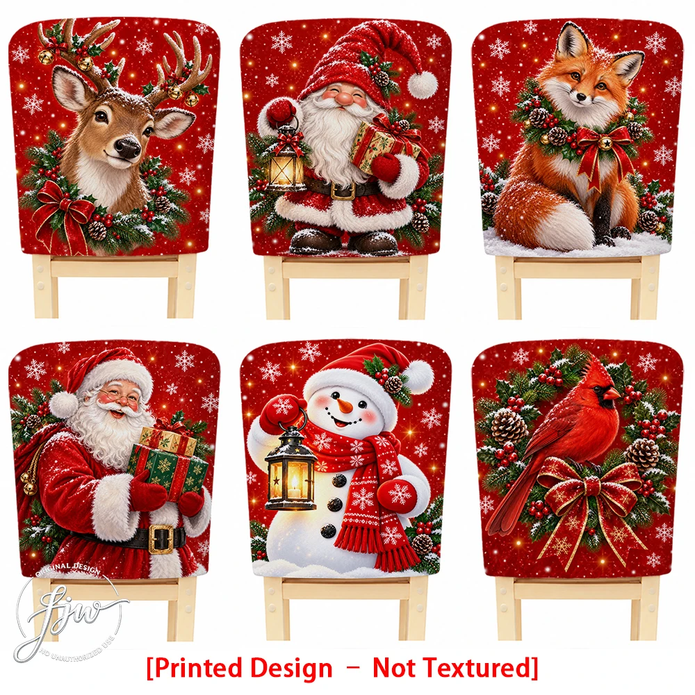 2/4/6pc Christmas Chair Back Covers Festive Snowman Santa Reindeer Fox Holiday Dining Chair Slipcovers for Xmas Party Home Decor